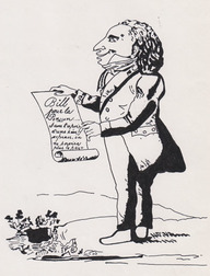 Caricature de Théophile Lemay le représentant  avec son «Bill pour la pension...»