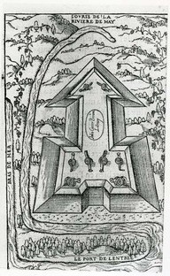 Carte du Fort Caroline tirée de livre Coppie d’une lettre venant de la Floride envoyée à Rouen,(1565), p.10
Cette lettre est reproduite dans:
"Voyages, relations et mémoires originaux pour servir à l'histoire de la découverte de l'Amérique, publiés pour la première fois en français, par H. Ternaux-Compans."
Paris 1841, Arthus Bertrand libraire-éditeur
Ouvrage reproduit dans Books.Google.com, à partir d'un exemplaire conservé à la bibliothèque de l'Université du Michigan