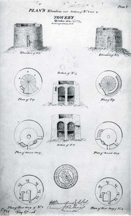 Plan’s elevations and settings of No 1 and 4. Plan des tours Martello 1 et 4