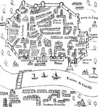 Vue de Séville.
Brief discours des choses plus remarcables que Samuel de Champlain... a recogneues aux Indes occidentales. Bologne, planche V.