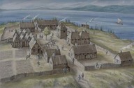 Dessin qui fait penser à un autre dessin de Francis Back "L'habitation de Port-Royal" 
La vie paysanne au temps de S. de Champlain. 