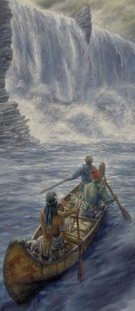 Représentation de Champlain partant explorer les Outaouais en 1613 et son arrivée devant les chutes Rideau. 