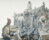 Artisans en train de construire un bâtiment. 