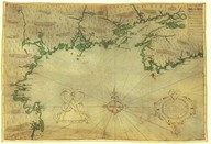 "descr[i]psion des costs p[or]ts, rades, Illes de la Nouvelle France faict selon son vray meridien Avec la declinaison de le[y]ment de plusieurs endroits selon que le sieur de Castelfranc le demontre en son liure de la mecometrie de le[y]m[a]nt faict et observe par le Sr de Champlain 1607" 