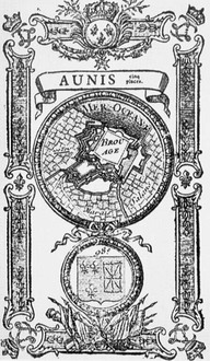 Gravure. Blason fleurdelisé, couronnes et armes, entrelacs... document qui témoigne d'une attention plus esthétique qu'informative ou technique. 