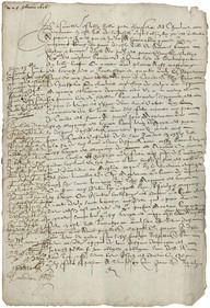 Plus ancien contrat d'engagement conservé à la Rochelle. Recruteurs : Jean Macain et Samuel Georges, sont actionnaires de la compagnie de traite créée par Pierre Dugua de Monts en 1604. L'engagé, Ellie Petit, part en 1606 vraisemblablement pour l'Acadie. La quittance portée en marge, à gauche du document, le 11 février 1608, donne à penser que l'engagé, qui déclare ne savoir signer, a prolongé d'un an son contrat initial. Notaire Cousseau.