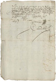 Plus ancien contrat d'engagement conservé à la Rochelle. Recruteurs : Jean Macain et Samuel Georges, sont actionnaires de la compagnie de traite créée par Pierre Dugua de Monts en 1604. L'engagé, Ellie Petit, part en 1606 vraisemblablement pour l'Acadie. La quittance portée en marge, à gauche du document, le 11 février 1608, donne à penser que l'engagé, qui déclare ne savoir signer, a prolongé d'un an son contrat initial. Notaire Cousseau.