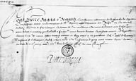 Transcription d'une quittance donnée par Pierre Dugua de Monts à son trésorier, par laquelle il reconnaît avoir reçu le versement de sa pension royale. L'auteur du présent article opte pour la graphie "Mons". 