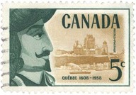 Timbre émis en hommage au 350e anniversaire de la fondation de Québec par Samuel de Champlain. Le graveur un montre Champlain aux allures de mousquetaire et, derrière une vue de Québecen 1958 avec la Haute-ville et la basse-ville ainsi que le Saint-Laurent.  