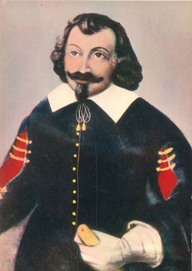 Portrait fantaisiste de Champlain. Dans sa main gauche il tient des documents qui pourraient être les lettres reçues de Louis XIII en 1620.