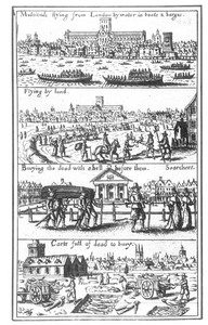 Multituds flying from London by water in boats and barges.
Flying by land.
Burying the dead with a bell before them. 
Carts full of dead to bury. 
in viola, Herman J et Carolyn Margolis, 1991, Seeds of change, Washington, Smithsonian Institution Press. p. 84