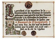 Invitation officielle au "troisième centenaire de la fondation de Québec". 
In Mathieu, Jacques et Eugène Kedl, 1993, Les Plaines d'Abraham, Sillery, Septentrion. p. 242