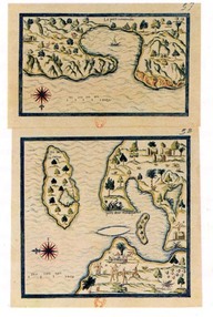 Dessins d'après les illustrations de Champlain dans son Brief discours, qui représentent le Port Mancenille (haut) et le Port aux Mousquites. (bas)