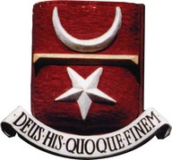 Armoiries de Pierre Dugua de Monts.
Une étoile et un croissant d'argent séparés par une bande d'or. 
La devise est erronée : "Dabit deus his quoque finem"