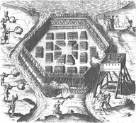 Village Iroquois attaqué en septembre 1615. 
In Champlain, Voyages et Descouvertures, 1619