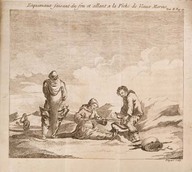 Esquimaux faisant du feu et allant à la Pêche de Veaux Marins.
In Voyage à la baye de Hudson de Henry Ellis, Paris, Antoine Boudet, 1749, tome 2, p. 22