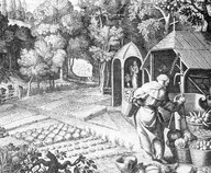Saint-Fiacre
In De Groote, Christine, Fleurs, fruits, légumes : une histoire du jardin de l'antiquité à nos jours, Renaissance du livre, Tournai, 1999