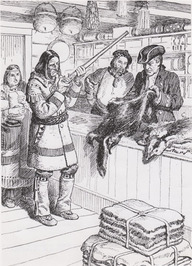 Dessin représentant un Amérindien qui échange des fourrures contre une arme à feu dans un comptoir de traite. 