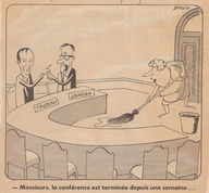 Caricature mettant en scène Pierre Elliott Trudeau, Daniel Johnson et une femme de ménage. 