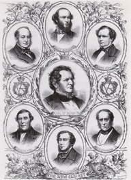 «Le nouveau cabinet». Dessins représentant 7 membres du cabinet Derby, peu après l'ouverture de la session du Parlement britannique en février 1867. 