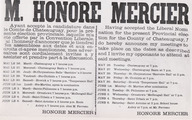 Publicité - Assemblées libérales en faveur de la candidature de M. Honoré Mercier dans le comté de Châteauguay