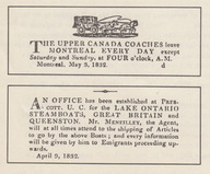 Publicités publiées dans le «Montreal Gazette», le 3 mai 1832 concernant le transport de passagers et de marchandises