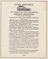 Publicité du bateau à vapeur Great Britain publiée dans «Montreal Gazette», 9 avril 1832