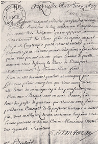 Lettre du gouverneur général de la Nouvelle-France, Louis de Buade, comte de Frontenac, au curé de Beauport, Étienne Boullard, datée du 12 mai 1694