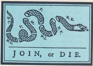 Représentation caricaturale de l'union coloniale américaine sous la forme d'un serpent divisé en huit segments créée par Benjamin Franklin en 1754