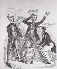 Caricature: Confédération: l'enfant à plusieurs pères