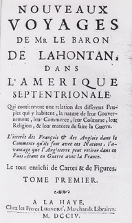 Page titre du livre «Nouveaux voyages de Mr le Baron de Lahontan dans l'Amérique septentrionale...»