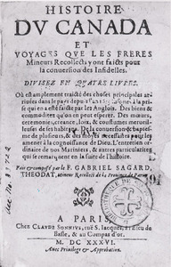 Page titre du livre «Histoire du Canada et voyages que les frères mineurs Récollects y ont faicts pour la conversion des infidèles»