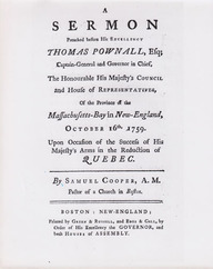 Page titre du livre «A Sermon preached before his Excellency Thomas Pownall, esq.; captain-general and governor in chief...» by Samuel Cooper
