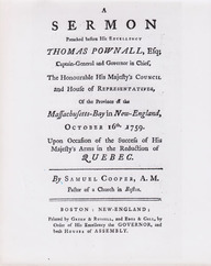 Page titre du livre «A Sermon preached before his Excellency Thomas Pownall, esq.; captain-general and governor in chief...» by Samuel Cooper