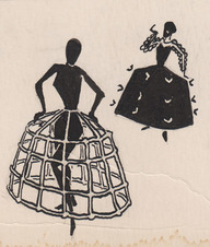 Dessin représentant une crinoline cage portée sous une robe