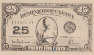 Billet de papier-monnaie du Dominion of Canada valant 25 cents