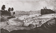 Lower Mill Brewer. Maçonnerie de l'écluse presque complétée. Excavation du canal en cours.