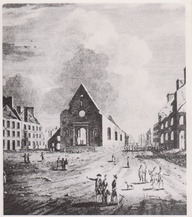 Vue de l'église Notre-Dame-de-la-Victoire incendiée lors des bombardements sur Québec  