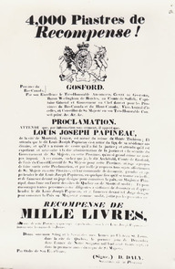 Annonce offrant une récompense pour l'arrestation de Louis-Joseph-Papineau accusé du crime de Haute Trahison