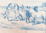 Dessin représentant des chevaux dans un champ avec une calèche au loin