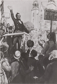 Louis-Joseph Papineau s'adressant à la foule lors d'une assemblée populaire en réaction aux 92 résolutions Russell