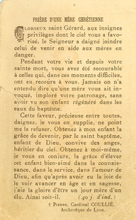 Prière d'une mère chrétienne publiée à l'endos d'une image pieuse représentant saint Gérard Majella