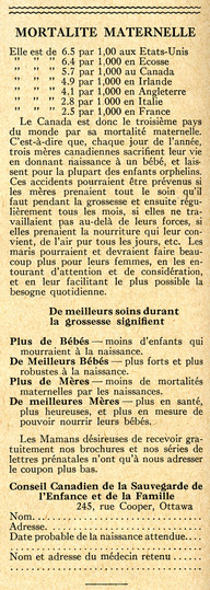 Mortalité maternelle - Publicité du Conseil canadien pour la Sauvegarde de l'enfance et de la famille.