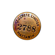 Médaille de la Consolidated Paper Corporation  portant l'inscription «J.J. Crête Limitée, Mattawin» et le numéro d'employé de Roger Beaudoin