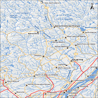 Carte géographique de la région de Lanaudière où l'on trouvait plusieurs camps de bûcherons