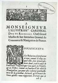 Dédicace à Richelieu de Samuel de Champlain tirée du livre Les voyages de la Nouvelle France occidentale, dicte Canada (1632), p.23