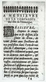 Dédicace à “Messieurs de la Compagnie” tirée du livre Relation de l’établissement des François depuis l’an 1635 (1640), p.30