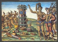 Les habitants de la Floride vénèrent la colonne élevée par le chef des Français lors de la première expédition, gravure tirée de Brève narration de ce qui arriva en Floride, province de l'Atlantique... Seconde partie de l'Amérique, MDXCI, planche VIII.