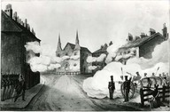 Vue avant de l'église Saint.-Eustache occupée par les insurgés. Front view of the church of St-Eustache occupied by the insurgents. The artillery forcing an entrance.