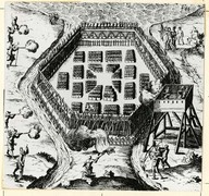 Dessin de Champlain
À l’automne 1615 près de Syracuse, New-Yok, Champlain donne l’assaut à un fort amérindien (iroquois).
